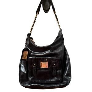 Badgley Mischka Black Leather Shoulder Bag Gold Chain Accent Flap Closure